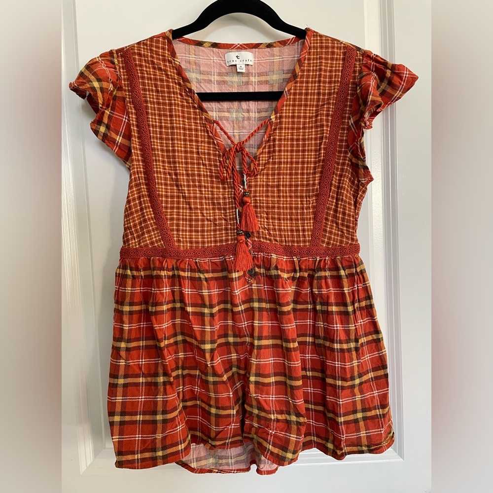 True Craft Plaid Orange Women's Top Size Small Babydoll Tassel Ruffle Fall
